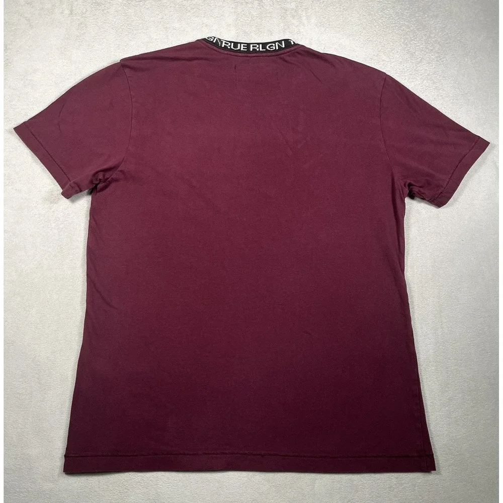 True Religion Mens T Shirt Size L Large Maroon Red Jacquard Rib Logo Collar Crew